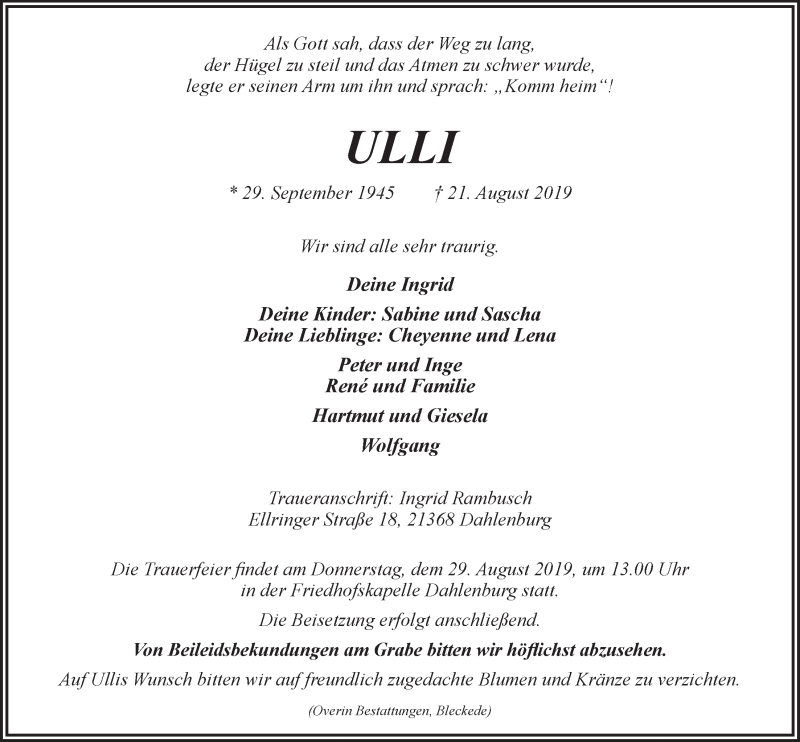  Traueranzeige für Ullrich Rambusch vom 26.08.2019 aus LZ