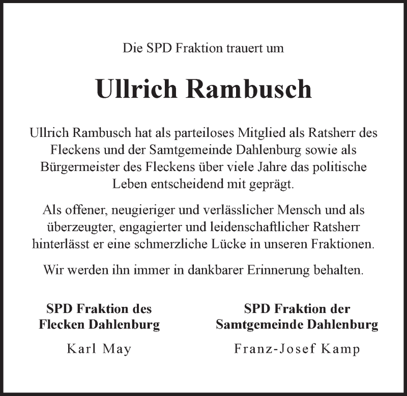  Traueranzeige für Ullrich Rambusch vom 26.08.2019 aus LZ