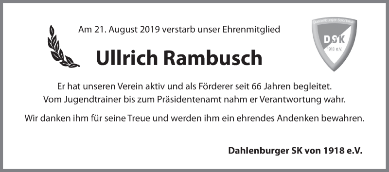  Traueranzeige für Ullrich Rambusch vom 26.08.2019 aus LZ