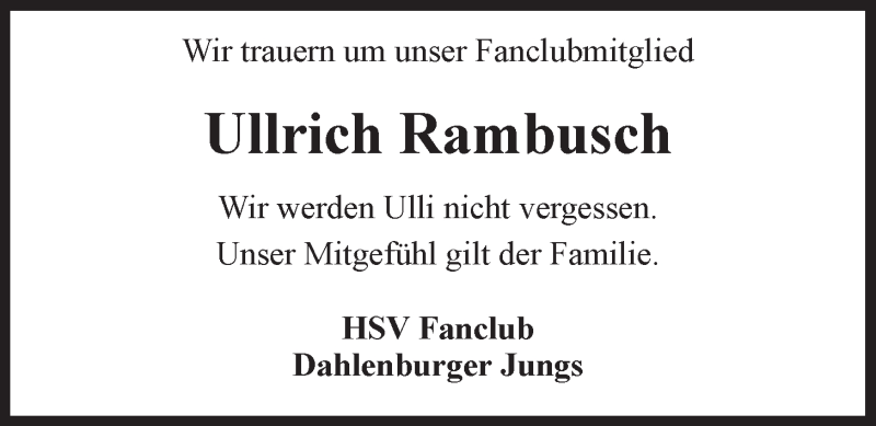  Traueranzeige für Ullrich Rambusch vom 26.08.2019 aus LZ