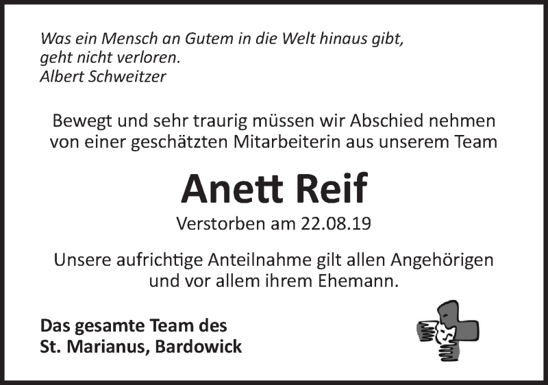  Traueranzeige für Anett Reif vom 31.08.2019 aus LZ