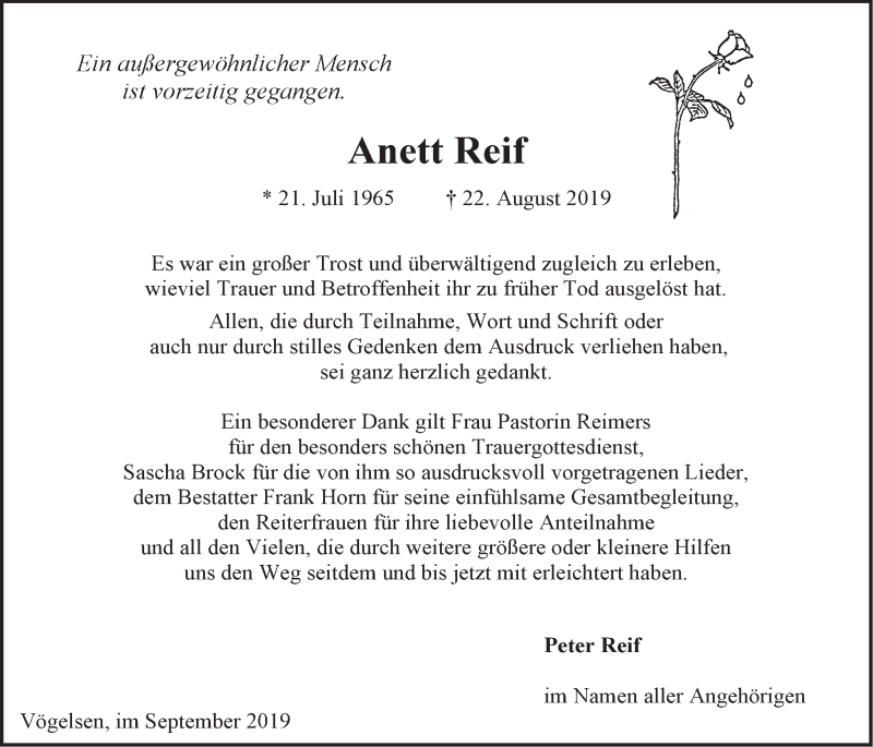  Traueranzeige für Anett Reif vom 21.09.2019 aus LZ