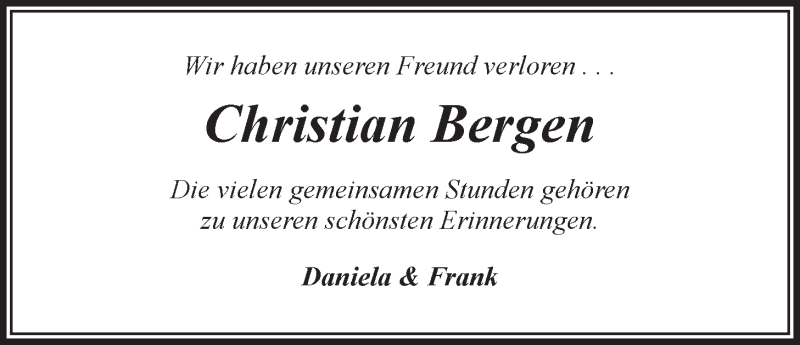  Traueranzeige für Christian Bergen vom 31.08.2019 aus LZ