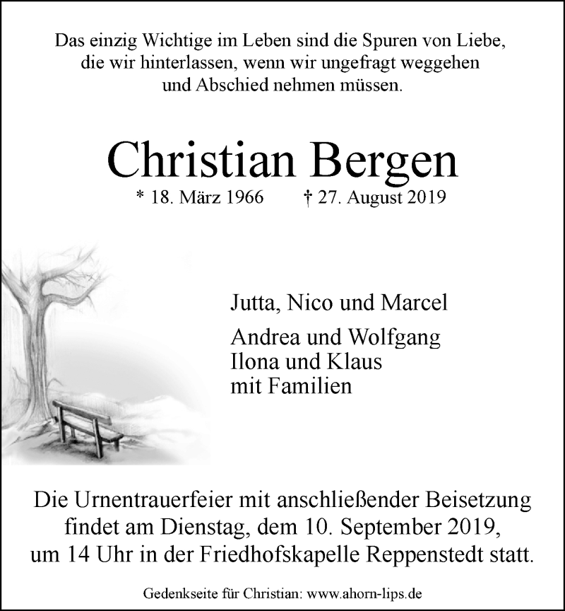  Traueranzeige für Christian Bergen vom 31.08.2019 aus LZ