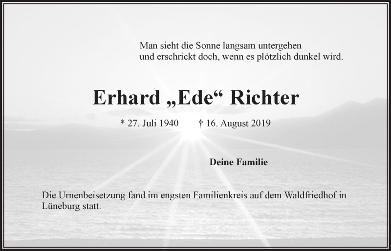  Traueranzeige für Erhard Richter vom 07.09.2019 aus LZ