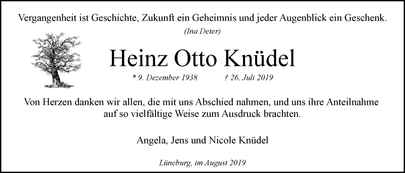  Traueranzeige für Heinz Otto Knüdel vom 31.08.2019 aus LZ