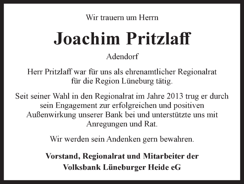  Traueranzeige für Joachim Pritzlaff vom 21.09.2019 aus LZ