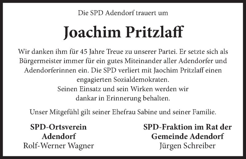  Traueranzeige für Joachim Pritzlaff vom 21.09.2019 aus LZ