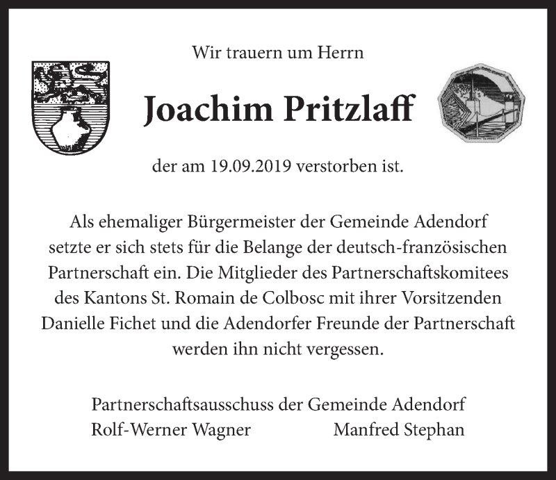  Traueranzeige für Joachim Pritzlaff vom 21.09.2019 aus LZ