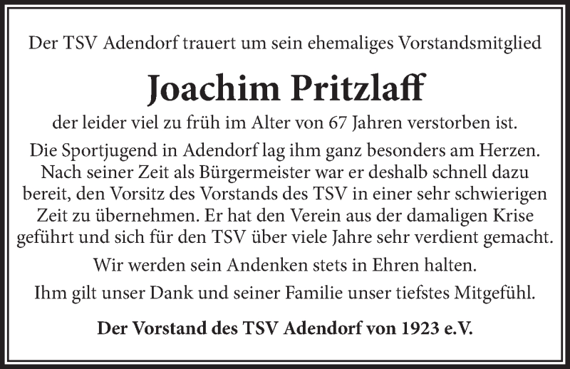  Traueranzeige für Joachim Pritzlaff vom 21.09.2019 aus LZ