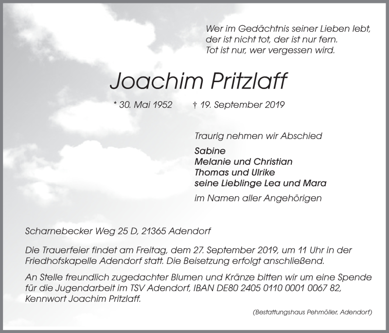  Traueranzeige für Joachim Pritzlaff vom 21.09.2019 aus LZ
