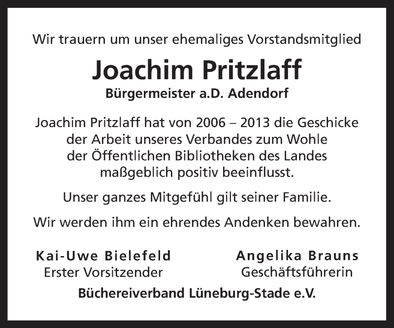  Traueranzeige für Joachim Pritzlaff vom 21.09.2019 aus LZ