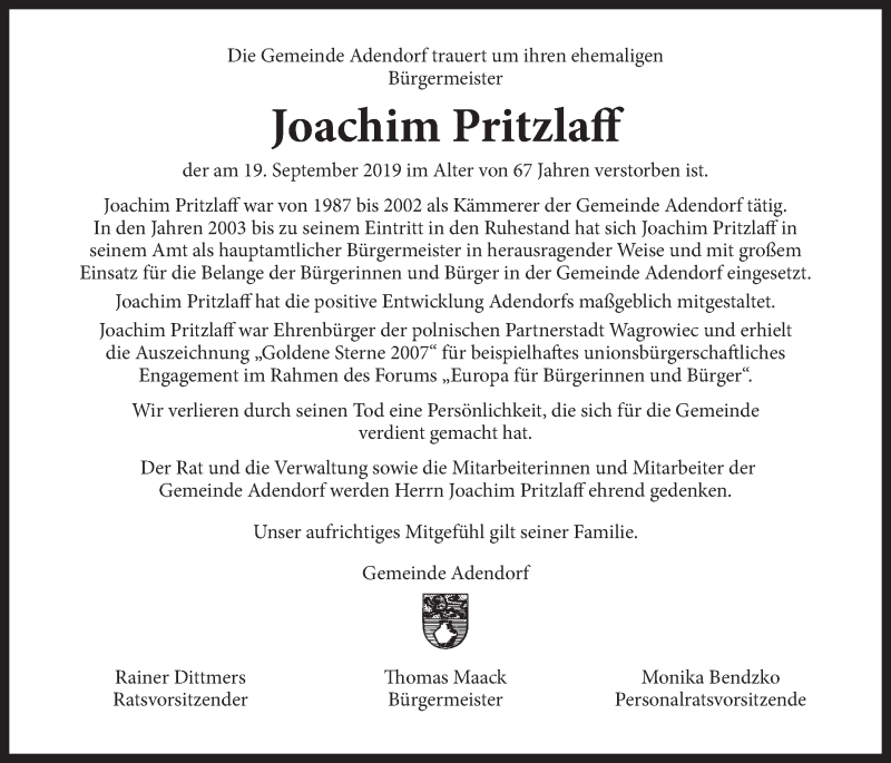  Traueranzeige für Joachim Pritzlaff vom 21.09.2019 aus LZ