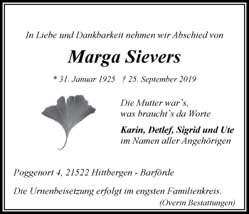 Anzeige von Marga Sievers von LZ