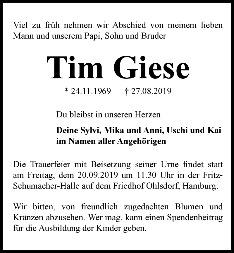  Traueranzeige für Tim Giese vom 07.09.2019 aus LZ
