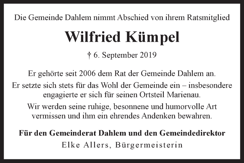  Traueranzeige für Wilfried Kümpel vom 14.09.2019 aus LZ