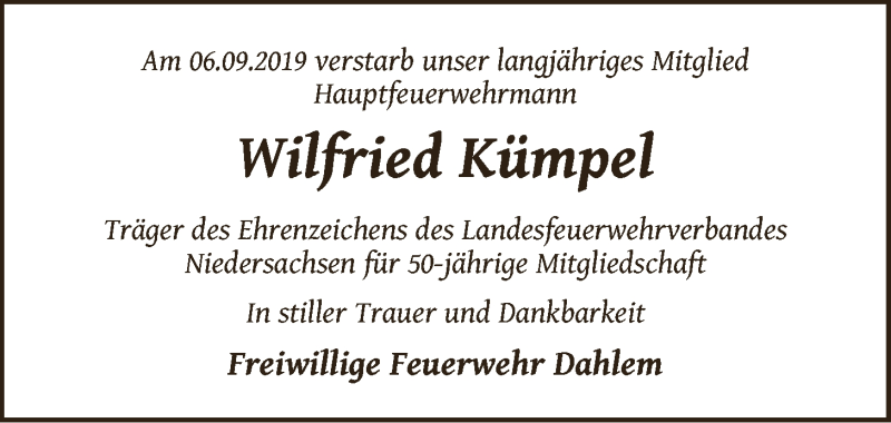  Traueranzeige für Wilfried Kümpel vom 14.09.2019 aus LZ