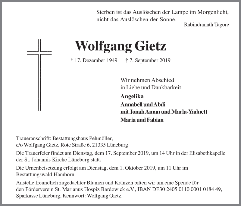  Traueranzeige für Wolfgang Gietz vom 11.09.2019 aus LZ
