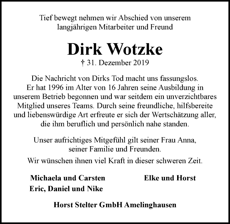  Traueranzeige für Dirk Wotzke vom 06.01.2020 aus LZ