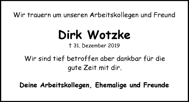  Traueranzeige für Dirk Wotzke vom 06.01.2020 aus LZ