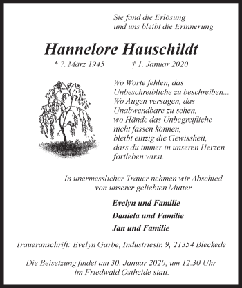 Anzeige von Hannelore Hauschildt von LZ
