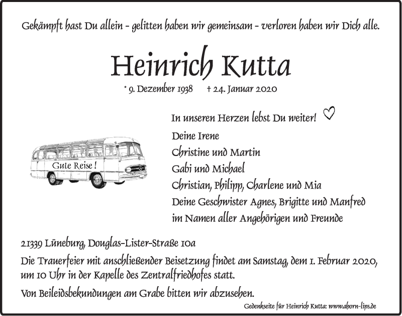  Traueranzeige für Heinrich Kutta vom 29.01.2020 aus LZ