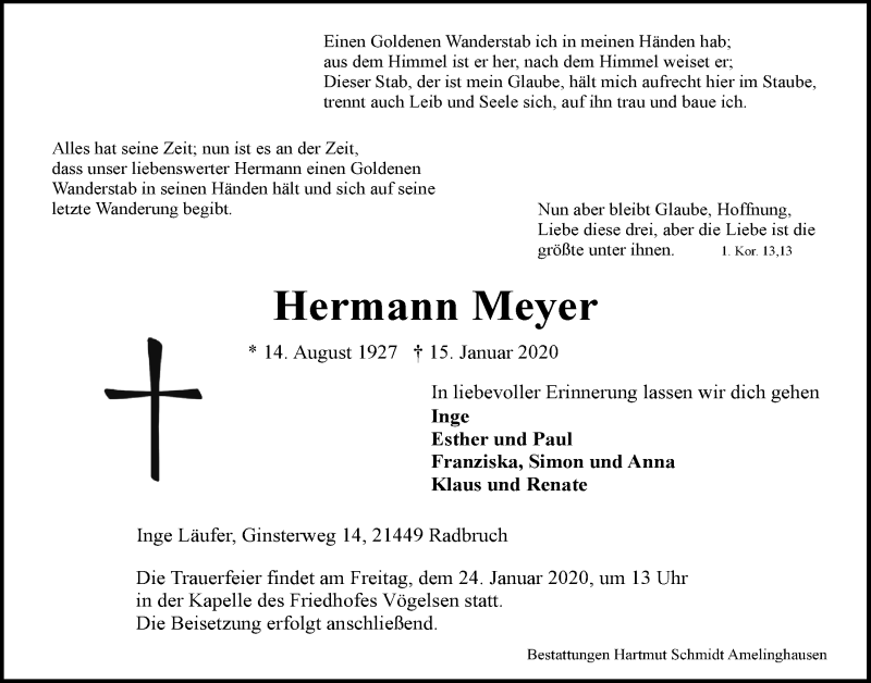  Traueranzeige für Hermann Meyer vom 18.01.2020 aus LZ