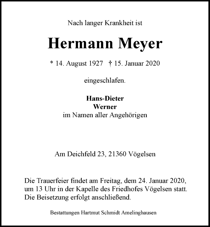  Traueranzeige für Hermann Meyer vom 18.01.2020 aus LZ