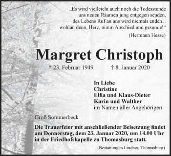 Anzeige von Margret Christoph von LZ