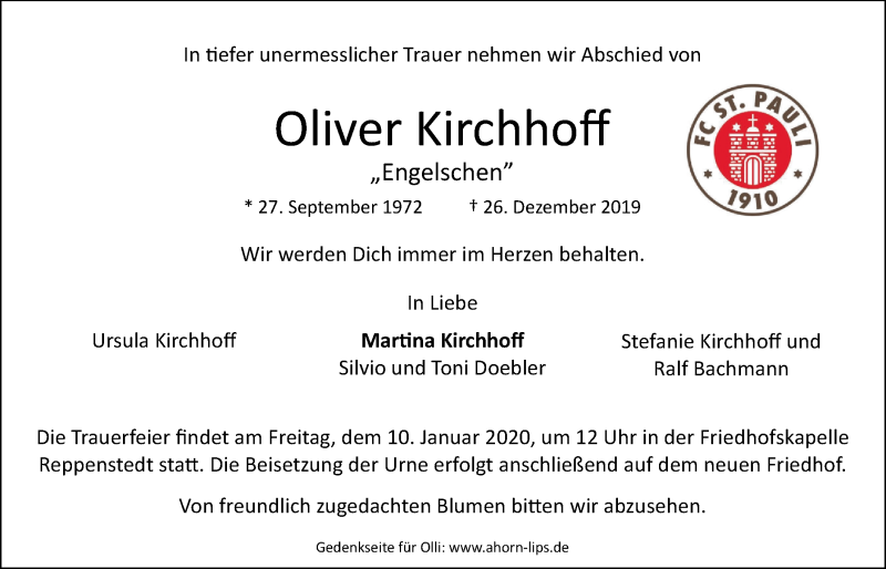  Traueranzeige für Oliver Kirchhoff vom 04.01.2020 aus LZ