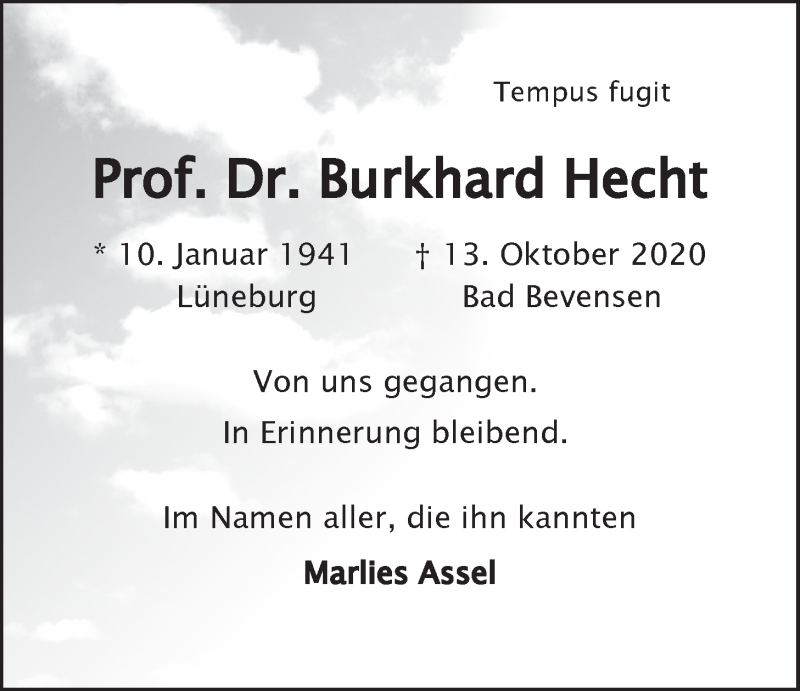  Traueranzeige für Burkhard Hecht vom 24.10.2020 aus LZ