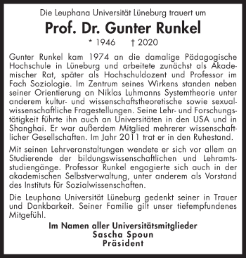Anzeige von Gunter Runkel von LZ