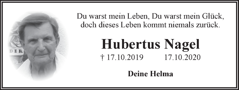  Traueranzeige für Hubertus Nagel vom 17.10.2020 aus LZ