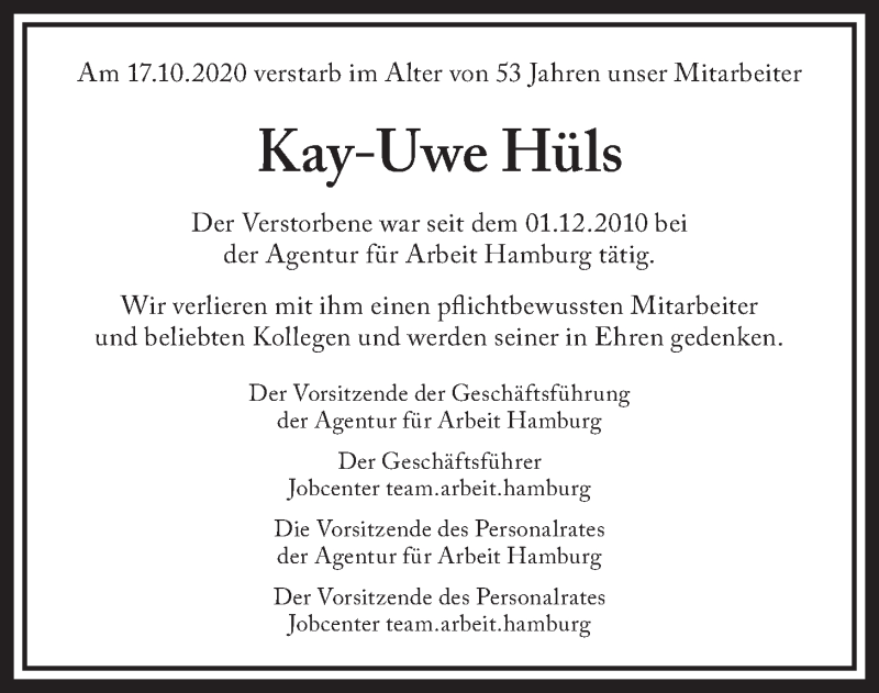  Traueranzeige für Kay-Uwe Hüls vom 24.10.2020 aus LZ
