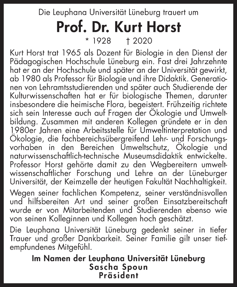  Traueranzeige für Kurt Horst vom 10.10.2020 aus LZ