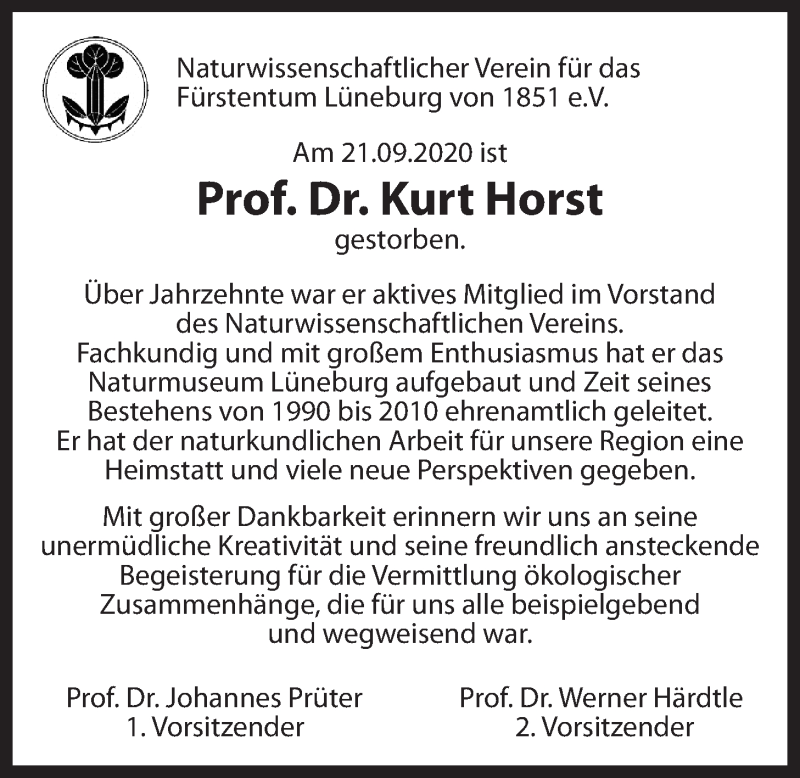 Traueranzeige für Kurt Horst vom 10.10.2020 aus LZ