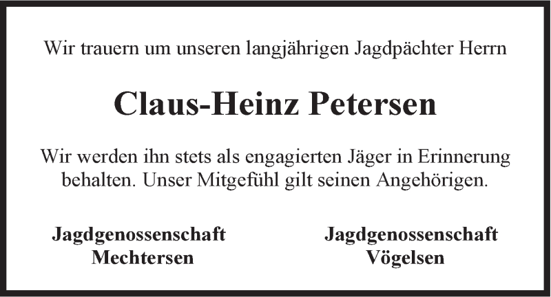  Traueranzeige für Claus-Heinz Petersen vom 07.11.2020 aus LZ