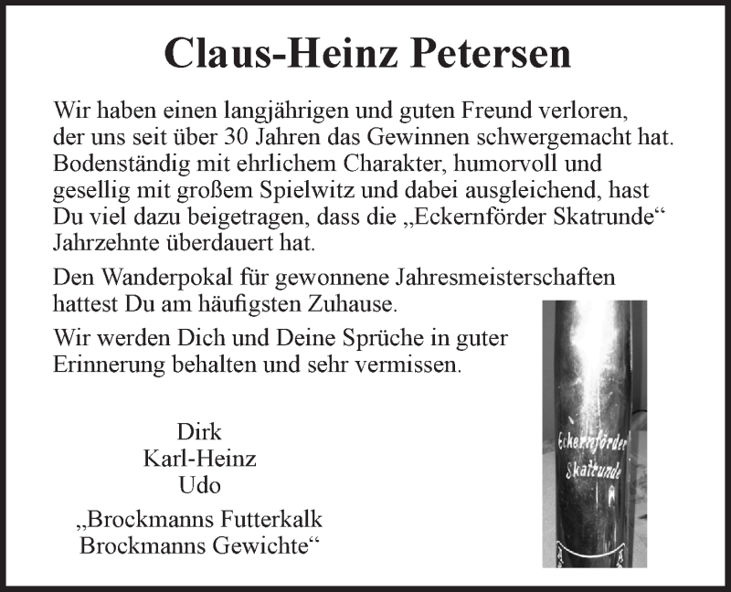  Traueranzeige für Claus-Heinz Petersen vom 07.11.2020 aus LZ