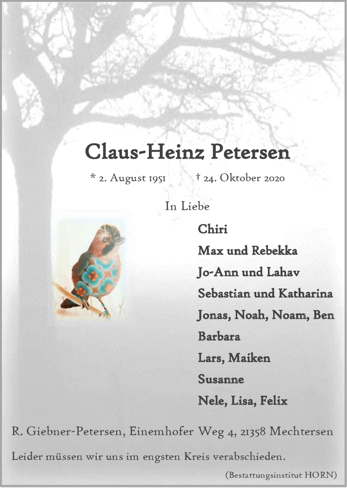 Traueranzeige für Claus-Heinz Petersen vom 07.11.2020 aus LZ