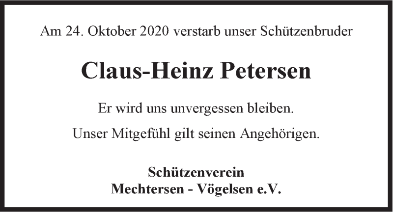  Traueranzeige für Claus-Heinz Petersen vom 07.11.2020 aus LZ