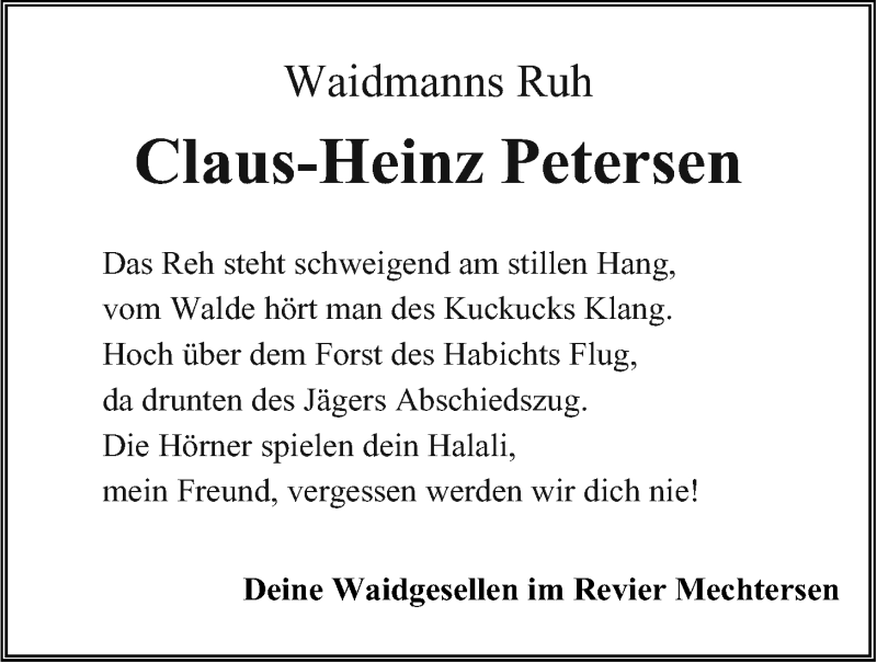  Traueranzeige für Claus-Heinz Petersen vom 07.11.2020 aus LZ