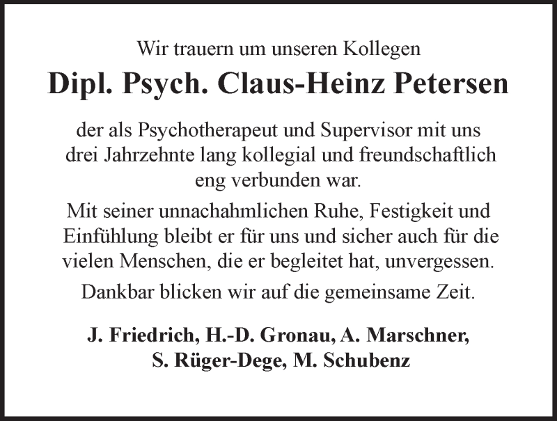  Traueranzeige für Claus-Heinz Petersen vom 18.11.2020 aus LZ