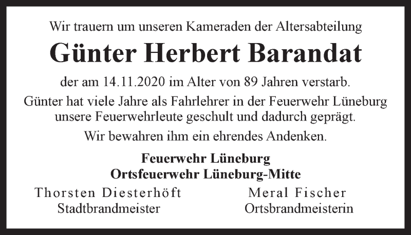  Traueranzeige für Günter Herbert Barandat vom 26.11.2020 aus LZ
