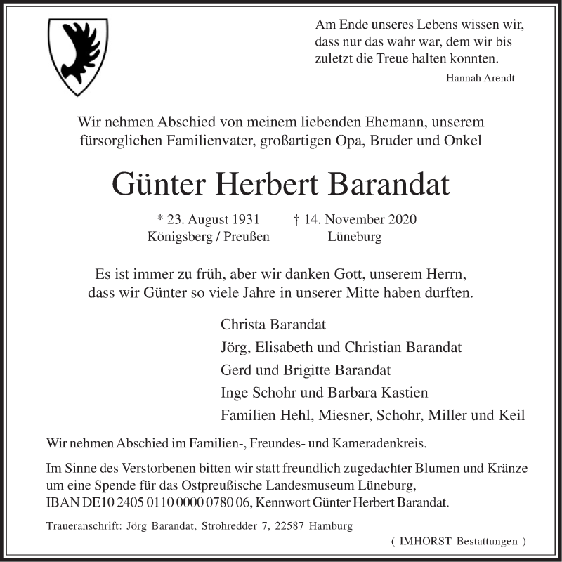  Traueranzeige für Günter Herbert Barandat vom 21.11.2020 aus LZ