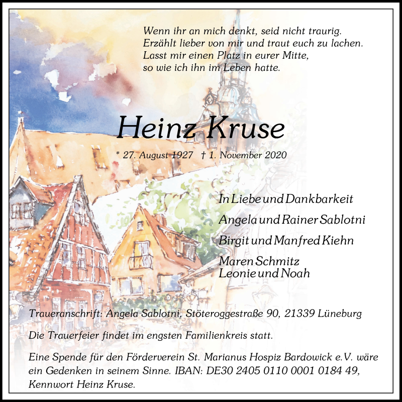  Traueranzeige für Heinz Kruse vom 14.11.2020 aus LZ