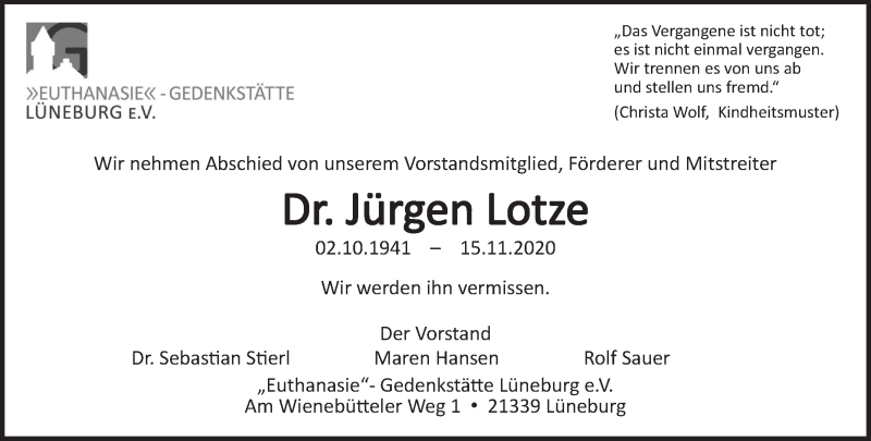  Traueranzeige für Jürgen Lotze vom 21.11.2020 aus LZ