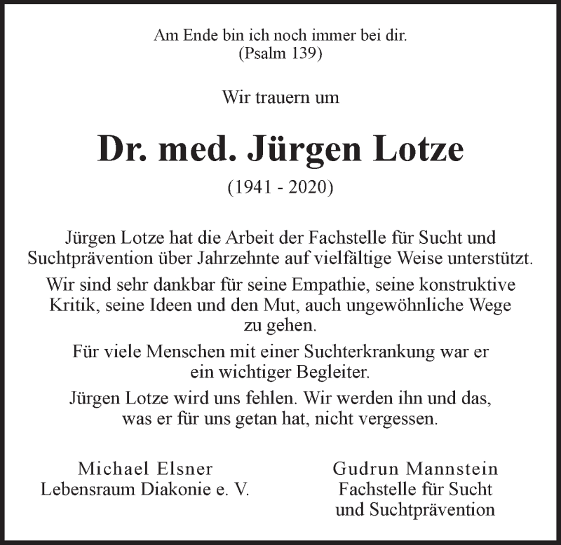  Traueranzeige für Jürgen Lotze vom 21.11.2020 aus LZ