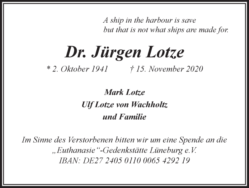  Traueranzeige für Jürgen Lotze vom 21.11.2020 aus LZ