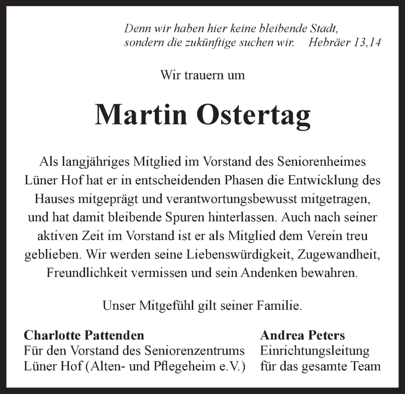  Traueranzeige für Martin Ostertag vom 20.11.2020 aus LZ