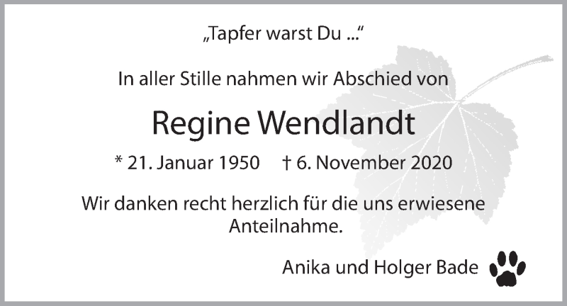  Traueranzeige für Regine Wendlandt vom 28.11.2020 aus LZ